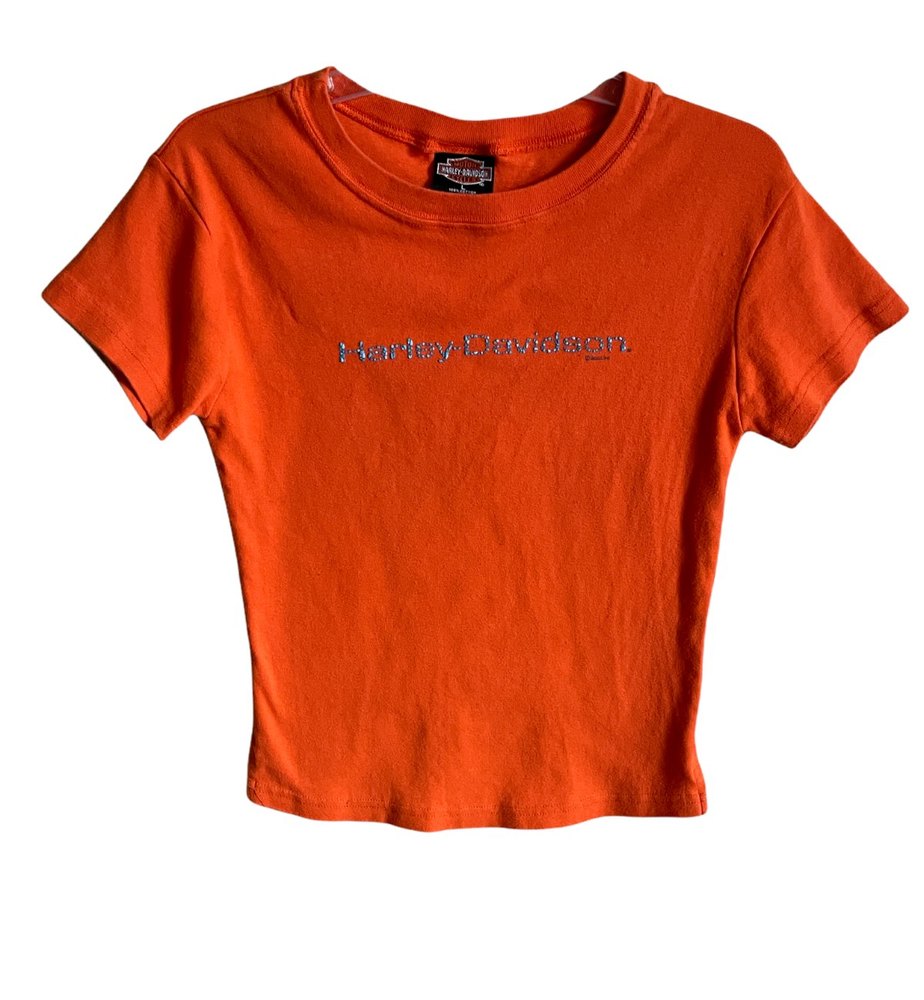 Vintage Harley Davidson 2001 Womens Short Sleeve TShirt SZ L Orange Beads Rt 66